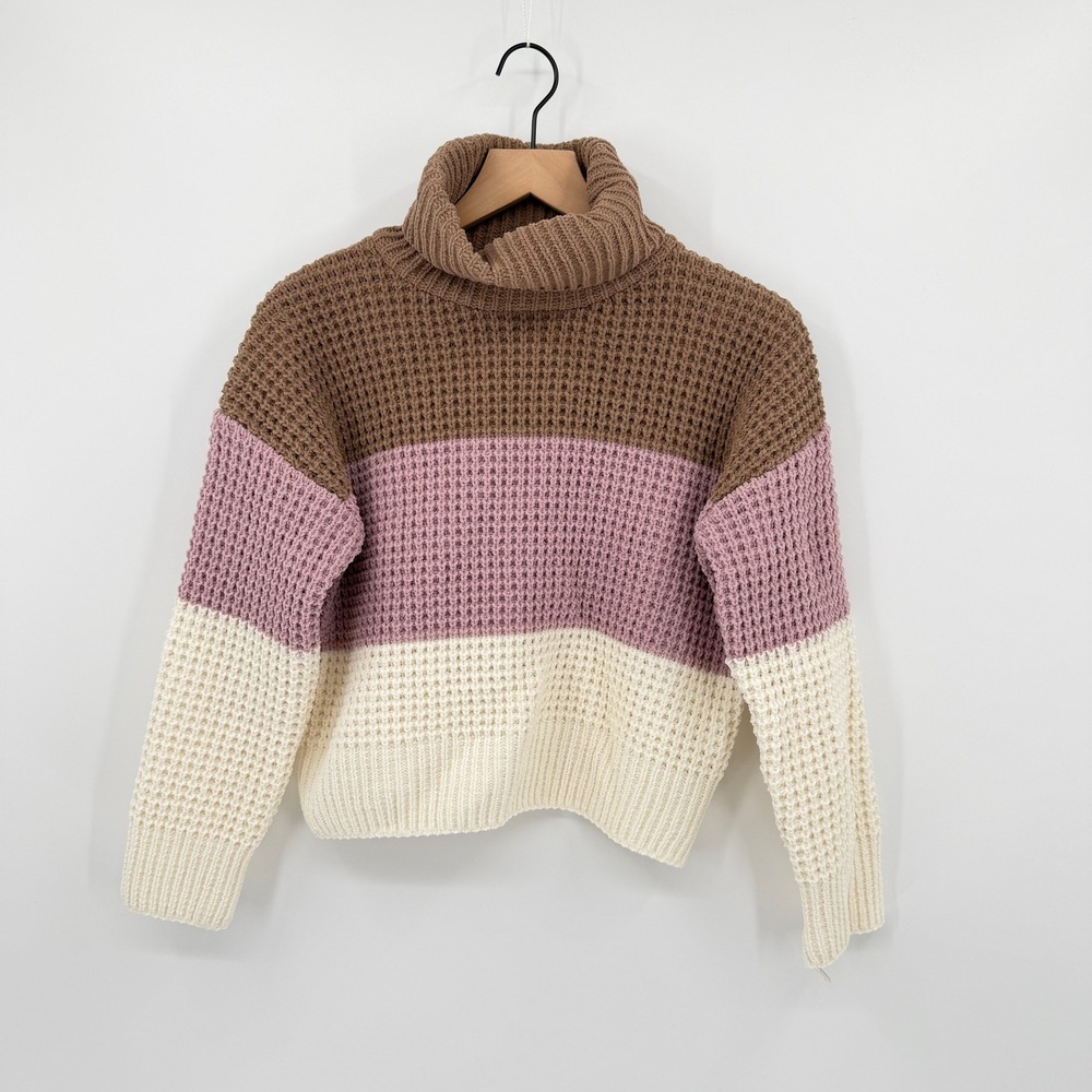 Oversized Waffle Knit Turtleneck Sweater Womens M Cropped Colorblock Boho